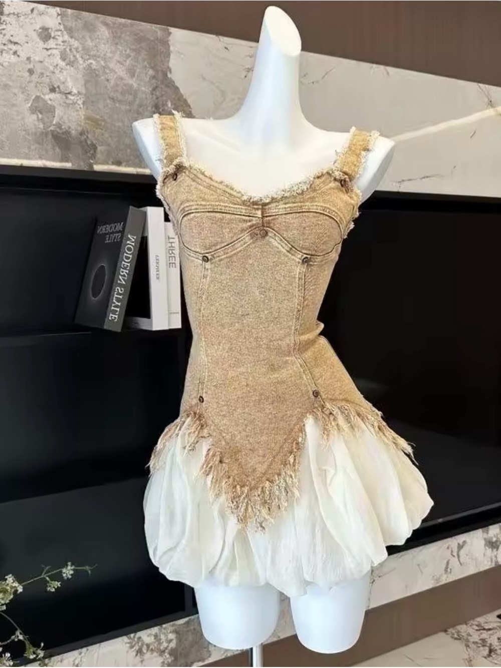Frayed Textured Gold and Cream Mini Dress